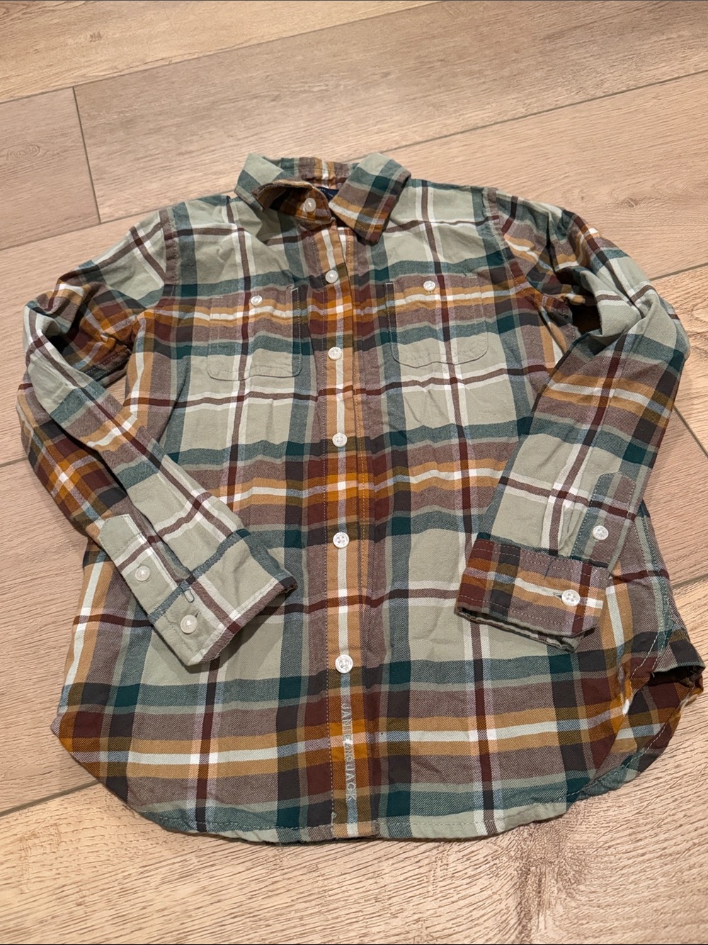 Janie and Jack Plaid Button-Down Shirt in Green, Brown & Mustard. No flaws